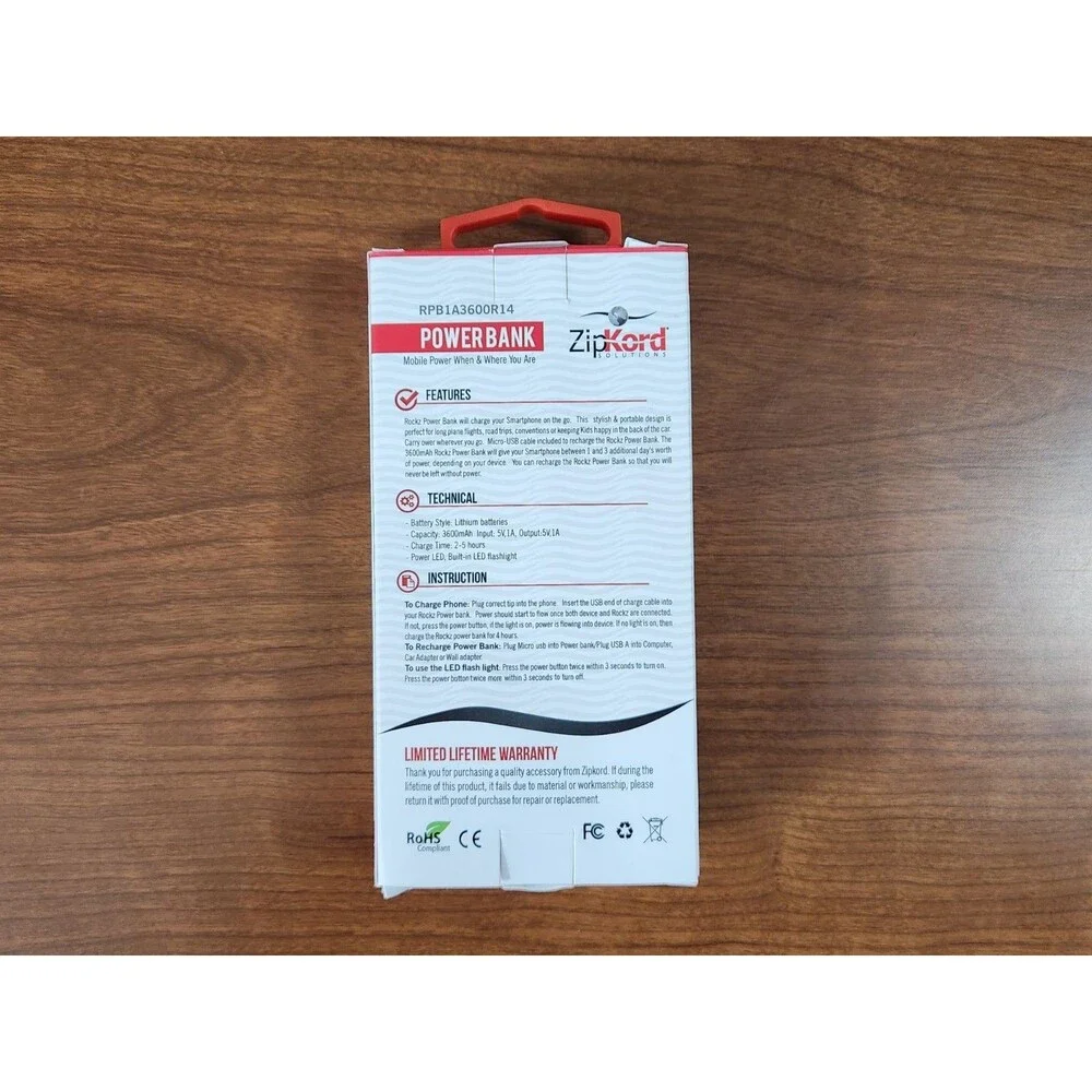 ZipKord Rockz External Power Bank 3600 mAh New Tested Working